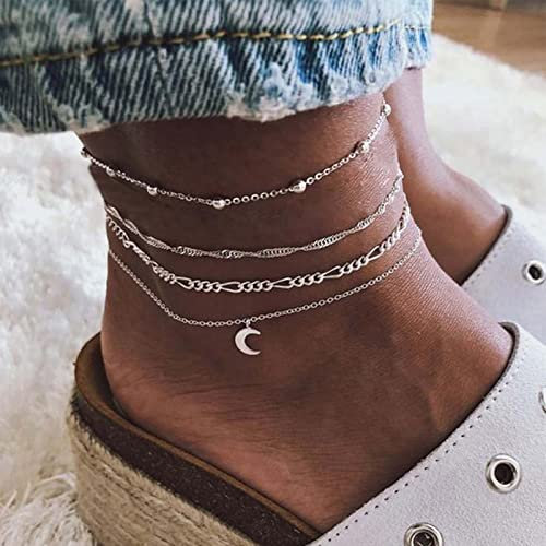 Yienate Bracelet De Cheville Multicouche Boho Argent Lune Pendentif Perles Satellite Chaîne De Cheville Chaîne De Pied Plage Superposée 4pcs Set Bijoux De Pied Cadeau Pour Femmes Filles