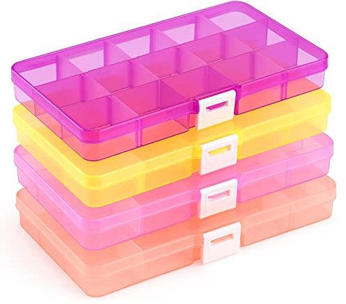 Opret 4 Pcs Bead Storage Box, 15 Grids Plastic Jewellery Organisers Small Containers with Adjustable Dividers 4 Colours Compartment Craft Case, Size 17x9.5x2cm