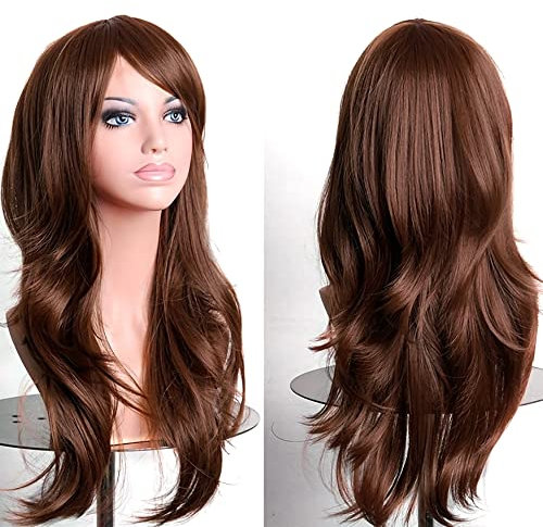 YEESHEDO Dunkelbraun Cosplay Perücke für Frauen Langes Gewelltes Haar Synthetische Perücken mit Pony für Halloween Party Kostüm Anime 28 Zoll 70 cm