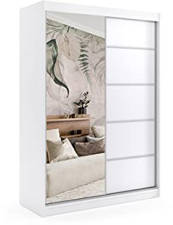 ALTDECOR Kleiderschrank mit Spiegel und Schiebetüren, kugelgelagerte Führungsschienen und Aluminium-Leisten, LED-Beleuchtung (Weiß + 16 Farben) und Fernbedienung - Maki - 160 cm Weiß