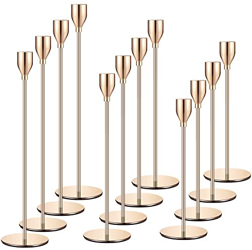 Set mit 12 Roségoldenen Kerzenhaltern - Kegelkerzen, Vintage-Stil - Passt für 3/4 Zoll Dicke Kerzen, LED - Perfekt für Heimdekoration, Hochzeit, Candlelight-Dinner, Jubiläum - Beeindruckendes Design
