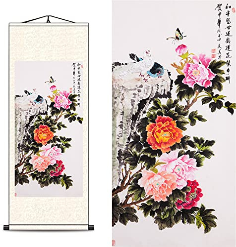FOVNOT Tableau Mural Oriental Vintage - Décoration Chinoise en Soie Peinture Florale (Pivoines) avec Bordures Roulées - Décoration Franco-Asiatique pour Salon, Chambre & Maison
