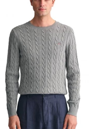 GANT Mens Cable C Neck Evening Blue Sweater Grey Melange L