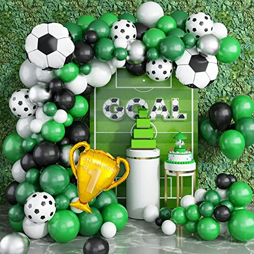 Kit de arco de globo de fútbol para niños, kit de arco de globo verde con globos de trofeo de fútbol, globos metálicos de plata para baby shower, cumpleaños decoraciones de fiesta de fútbol