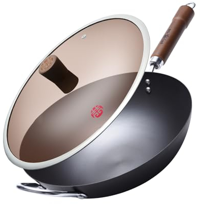 WANGYUANJI Wok aus Karbonstahl, flacher Boden mit abnehmbarem Holzgriff, keine Beschichtung, langlebige Antihaft-Bratpfanne mit Deckel, geeignet für Gas-Induktionsherde
