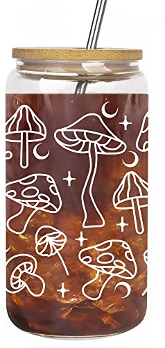 Lvoetgif Mushroom Iced Coffee Glasses with Bamboo Lids and Straw, Cute Mushroom Drinking Beer Can Shaped Cup, Aesthetic Birthday Gifts for Mushroom Lovers Women Mom Best friend wife