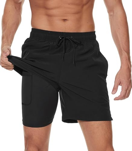 Kfnire Herren 2-in-1 Schnelltrocknende Badehose mit Innenhose und Reißverschlusstaschen, Schwarz, XXL