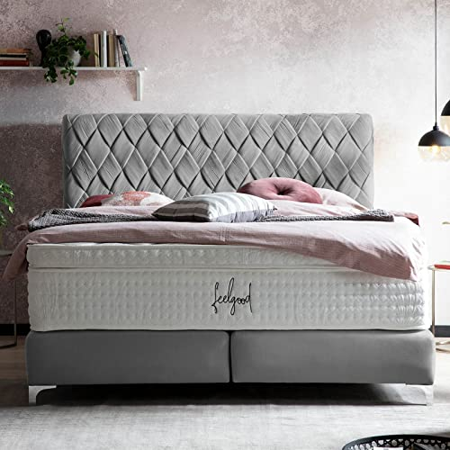 Boxspringbett Lyon 140x200 Velours, ohne Topper, Hand geflochten, Hotelbett, ohne Bettkasten, 7 Zonen Taschenfederkern-Matratzen, Aufbau KOSTENLOS (Grau, 140x200 cm ohne Topper)