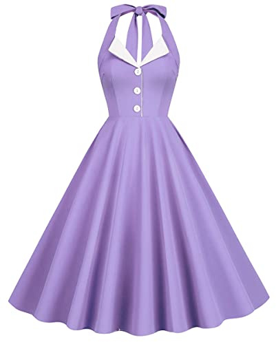 IMEKIS Robe de cocktail vintage sans manches dos nu années 1950 à pois rétro Rockabilly Swing Robe de soirée plissée Longueur genou Robe de mariage Robe de soirée Robe de bal, Violet clair/blanc, XXL