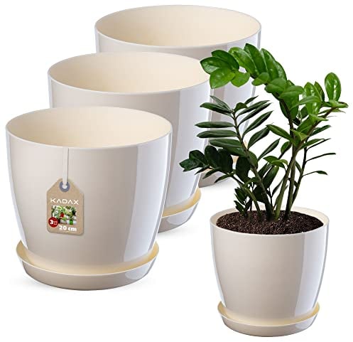 KADAX Pot de Fleurs, Set de Pots de Plantes avec Soucoupe, Pot de Fleurs en Plastique, Pot de Plantes Rond pour l'intérieur, Cache-Pot pour Fleurs et Plantes d'intérieur (Set of 3-20cm, écru)