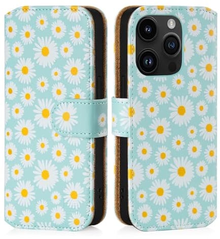 32nd Floral Series 3.0 - Design PU Leather Book Wallet Case Cover for Apple iPhone 15 Pro (6.1), Flip Case With RFID Blocking Card Slots, Magnetic Closure and Built In Stand - Blue Daisy