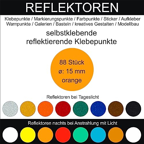 88 Stück Klebepunkte orange reflektierend aus Folie rund 15 mm selbstklebend wetterfest Aufkleber Reflektor Etiketten Sticker Decal Markierungen Organisieren DIY basteln verzieren Geocaching
