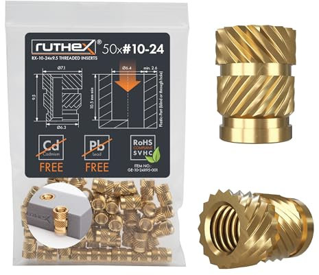 ruthex Gewindeeinsatz #10-24 UNC - 50 Stk. RX-10-24x9.5 BLEIFREIE Gewindebuchse aus Messing - stabile Einpressmutter - zum Einschmelzen einer Gewindehülse in 3D-Druck-Teile aus Kunststoff