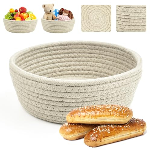 Kleemeiero Brötchenkorb Brotkorb Geflochten Aufbewahrungskorb Geflochten Baumwollseil Brotkörbchen Klein Brötchen Korb Deko Runde 22cm Ø Brotschale Frühstück Flechtkorb zum Servieren von Gebäck-Beige