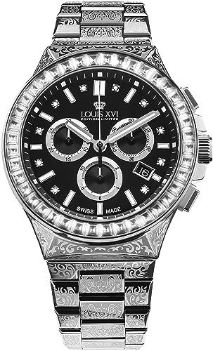 LOUIS XVI Le Monarque Royale 1217 - Ø 42 mm - Herren Uhr - Wasserdicht - Uhr mit Saphirglas - Armband Silber - Zifferblatt Schwarz - CH Quarzwerk