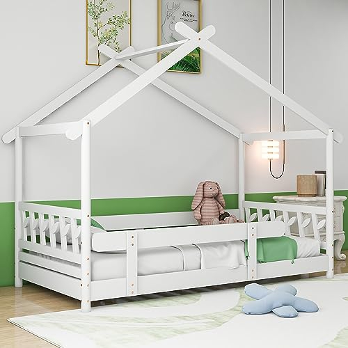 ZYLOYAL10 Schönes Hausbett, Massivholz mit Gitter und Lattenrost, Mit Rausfallschutz für Kinder und Jugendliche (200x90cm, Weiß - A)