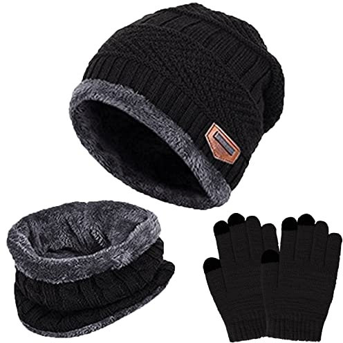 TMEOG Wintermütze Kinder Schal Handschuhe set, Strickmütze Kleinkind Loop Schal mit Fleece Futter Touchscreen Handschuhe Mütze, Schal & Handschuh-Sets für Jungen Mädchen 5-10 Jahre(schwarz)