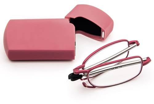 KoKoBin Gafas de lectura plegables de acero inoxidable mini antitendón azul para hombre y mujer con funda rígida (rosa, +1,5)