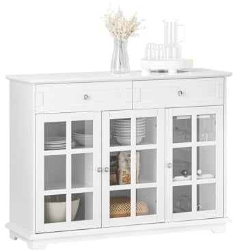 SoBuy Buffet Bas, Commode Armoire de Rangement, Placard de Cuisine, Meuble de Rangement pour Cuisine Salle à Manger Salon Entrée avec 3 Portes Vitrées, 2 Tiroirs, 119 x 40 x 90 cm, Blanc, FSB77-W