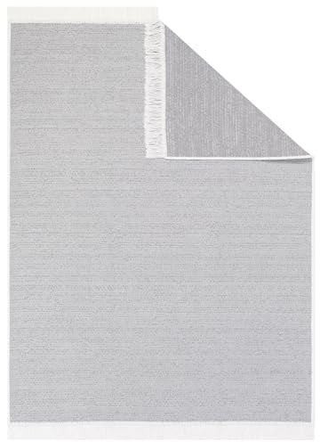TAPISO Azteca Teppich Kurzflor Baumwolle Beidseitig Anwendbar Creme Grau mit Fransen Waschbar Wohnzimmer Schlafzimmer Waschmaschinenfest Küche ÖKOTEX 140 x 200 cm