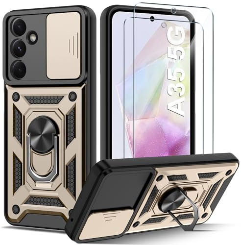 Guisessy Coque Compatible avec Samsung Galaxy A35 5G avec 2 Verre Trempé, Lentille Coulissante Couverture, Support 360° Rotatif Militaire PC Dur Renforcée Armor Antichoc Bumper Housse Etui - Or