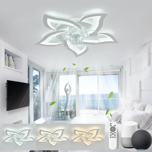 KeLuKes 65cm Deckenventilator mit Beleuchtung Leise, Blumen-Deckenleuchte mit Ventilator Kompatibel mit Alexa und Google Assistant, Timer Dimmbarer Ventilator mit Lampe für Schlafzimmer, Weiß