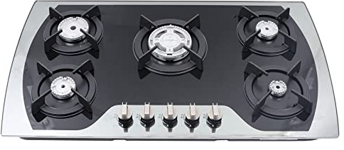 Piano cottura a gas a 5 fuochi, piano cottura a gas, acciaio inossidabile, piano cottura a gas naturale/propano, autosufficiente, bruciatore 90 cm, nero.
