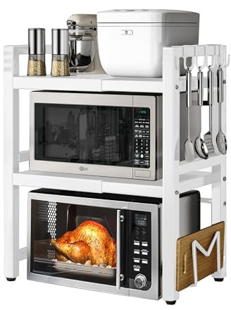 devesanter Mikrowellen Regal 3-Stufiges Mikrowellenschrank Organizer mit 5 Haken,Küchenregal Gewürzregal Ausziehbar Arbeitsplatte Bäckerregale für von 40-64cm Weiß