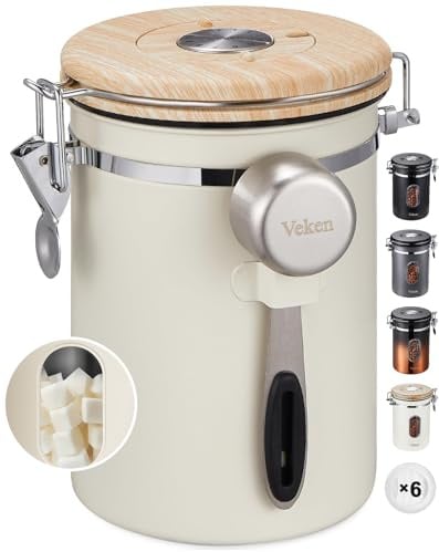 Veken Coffee Sugar Canister with Window, Mothers Day Gifts For Women,Airtight Stainless Steel Kitchen Food Storage Container, Date Tracker & Scoop for Grounds Coffee, Beans,Tea,Flour,Cereal,22OZ,Cream