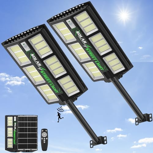 Viugreum 2 Stück 1200W LED Solar Straßenlaterne mit Fernbedienung, 6500K Straßenlampe mit Bewegungsmelder Sensor Dämmerung bis zum Morgengrauen Straßenleuchte IP65 Wasserdicht Solar Wegeleuchte