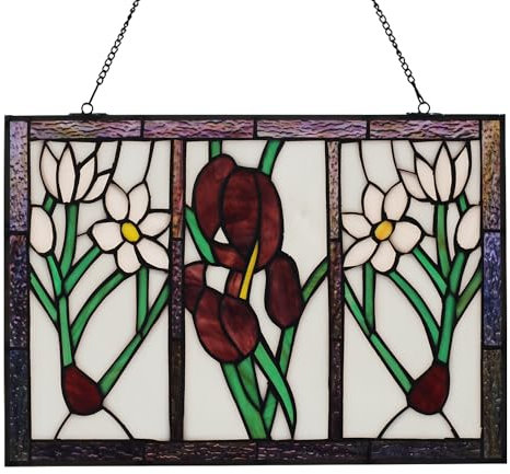 YOURANJU Buntglas-Fenster zum Aufhängen, Basteln, rosa Tulpe, rechteckig, 40,6 x 27,9 cm, Tiffany-Blumen-Stil, Fenster-Sonnenfänger, perfekter Fensterbehang, Einweihungsgeschenk (mit Kettenhaken)