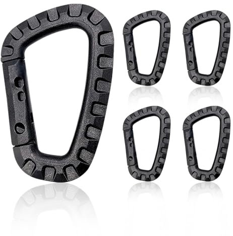 Plastic Carabiner Hook Set of 5 - Large D-Shape Carabiner Clips for Outdoor Activities, Molle Carabiners for Hiking, Camping, Fishing, and Home Use, Black, Spring-Loaded Clasp, Secure Attachment