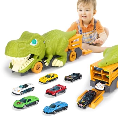 Lidasen Dinosaurier Schluck LKW Spielzeug für Kinder, Monster Tyrannosaurus Rex Transportauto Spielzeug mit 6PCS Mini Auto, Szenenaufbewahrung, Fahrzeuggeschenk für Jungen und Mädchen ab 3 Jahren