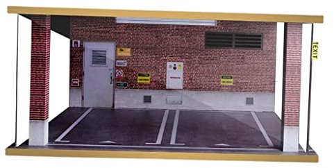 EHJRE Acrilico 1/18 Scenario Diorama Simulazione Parcheggio Scena Mini Car Garage Doppio con Luce LED Collezione di Decorazioni da Tavolo, Muro di Mattoni Rossi