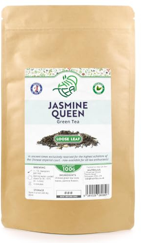 Jasmine Queen Premium Loose Leaf Green Tea With Jasmine Flowers (100g) | Low Caffeine Imperial Chinese Tea – Aromatic & Relaxing – Resealable Pouch