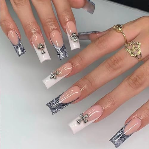 24pcs False Nails French Tip - Long Square Ballet Black White Cross Stick on Nails - Press on Nails With Nail Glue - Full Cover Fake Nails Nail Art Accessories