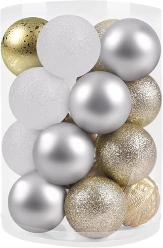 Beinhome Weihnachtskugeln 20 TLG.6cm Christbaumkugeln Weihnachtsbaumschmuck Mit Schlüsselband Bruchsicher Plastik Weihnachten Deko mit Anhänger für Party Weihnachtsdeko Weiß Silber Gold