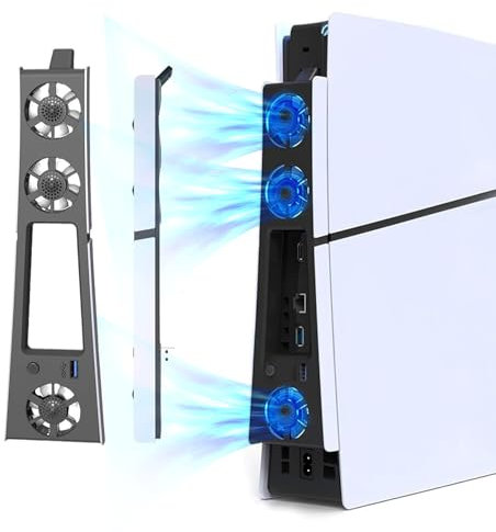Ventilateur de Refroidissement PS5 Slim, Accessoires de Refroidissement Plus Silencieux avec LED et hubs USB3.0, Accessoire Compatible avec Playstation5 Slim Digital & Discs Edition
