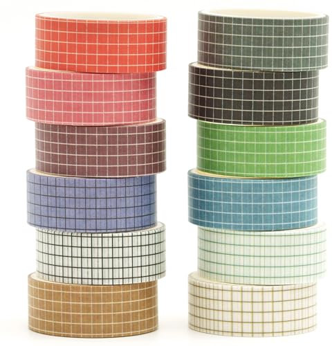 Songdao Gitter Washi Tape Set 12 Rollen Schottenstoff Dekoratives Klebeband Bunt für Scrapbooking, Bullet Tagebuch, Planer, Geschenkverpackung (Style One)
