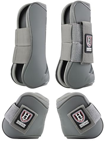 Harrison Howard Pferdespannenstiefel vorne offen/Streichgamaschen für Pferde Schutzstiefel zum Springen Trail Reiten 4er Set Grau XL