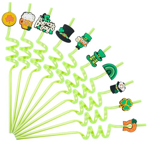 10Pcs St Patricks Day Straws, Novelty Irish Plastic Straws Crazy Reusable Drinking Straws for St Patrick's Day Accessories Irish Party Supplies