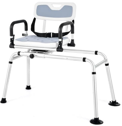 CO-Z 360° Swivel Shower Chair, 12-Level Tub Transfer Bench with Sliding Shower Chair for Elderly & Disabled, Bathtub Chair with 150 kg Weight Capacity Drainage Holes Safety Belt Removable Armrests
