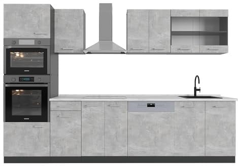 Vicco Küchenzeile R-Line, Beton/Anthrazit, 300 cm mit Hochschrank, AP Marmor