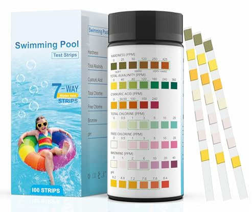 Fontee 7-in-1 Swimming Pool Test Strips 100 pieces | Quick Test for pH, Cyanuric Acid, Total Hardness, Total Alkali, Chlorine, Bromine | Pool, Spa, Whirlpool Water Test Kit