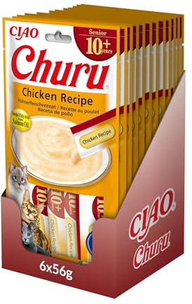 INABA Churu Senior Snack pour Chats âgés avec Poulet - 12 Paquets (48 bâtons x 14 GR) - Nourriture pour Chats de Plus de 10 Ans, avec oméga 3, Taurine et Vitamine C & E, Snack Chat Fonctionnel