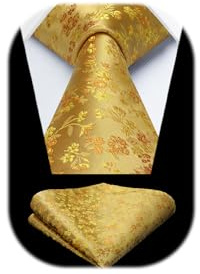 HISDERN Tie for Men Floral Necktie and Pocket Square Classic Men's Silk Gold Ties Set for Wedding Party Business