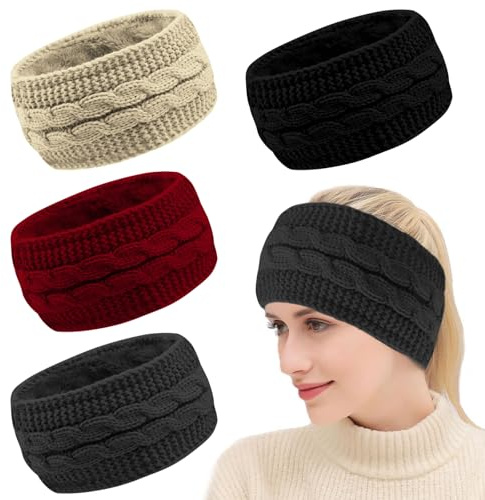 4 Stück Stirnband Damen Winter Warmes Stirnband Winter Verdicken Gestrickt Stirnbänder Gefüttert Winter Headband Women für Laufen Workout Skifahren