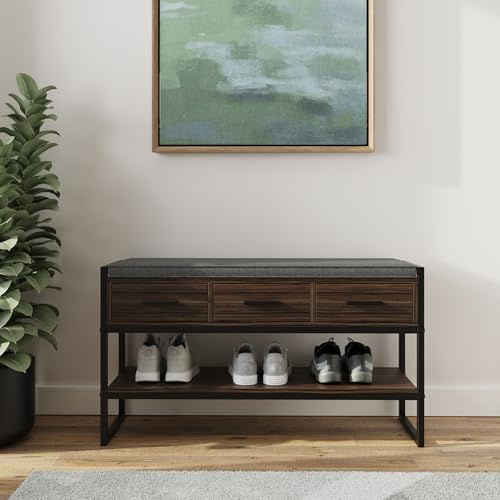 GFW Quinn Industrial Shoe Bench with Cushion Seat, Drawer Storage & Metal Frame for Hallway or Entryway