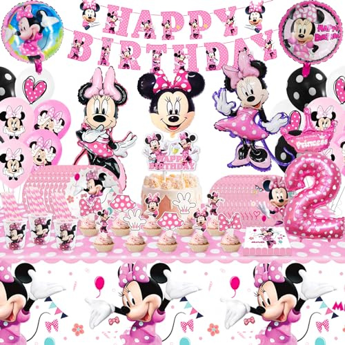 111 Stück Partygeschirr Kindergeburtstag 2 Jahre, Party Deko Geburtstag Geschirr Kit Geburtstagsdeko Rosa Partygeschirr Luftballon Banner Pappbecher Geburtstagsdeko für Kinder