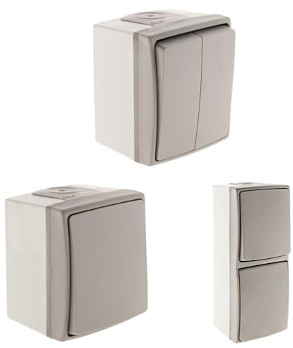 Zenitech - Interrupteur Va-et-Vient Double + Bouton Poussoir + Va et Vient et Prise 16A 2P+T - étanches IP55 - Gris - Orok